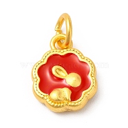 Rack Plating Alloy Enamel Pendants with Jump Ring, Flower with Rabbit Charms, Matte Gold Color, Red, 14x11x3.5mm, Jump Ring: 6x1mm, 4mm Inner Diameter(ENAM-M048-23MG-A)