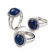 Natural Lapis Lazuli Round Adjustable Rings, Platinum Plated Brass Finger Rings for Men, Inner Diameter: 18mm(RJEW-K271-02P-04)