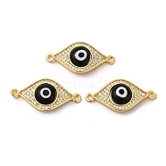 Rack Plating Real 18K Gold Plated Brass Micro Pave Clear Cubic Zirconia Connector Charms, Evil Eye Links with Handmade Lampwork, Cadmium Free & Lead Free, Long-Lasting, Black, 13x27x4mm, Hole: 1.5mm(ZIRC-L102-02G-01)