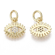 Brass Micro Pave Cubic Zirconia Charms, with Jump Ring, Nickel Free, Eye, Clear, Real 18K Gold Plated, 9.5x9.5x2mm, Hole: 3mm(ZIRC-R109-028G-NF)