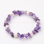 Gemstone Chip Stretch Bracelets, with Grade B Potato Freshwater Pearl Beads, Amethyst, 55mm(BJEW-JB01516-02)