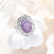 Oval Natural Amethyst Finger Rings, 304 Stainless Steel Cuff Rings for Women, Stainless Steel Color, oval: 22x17.5mm, Adjustable(RJEW-M063-01P-16)