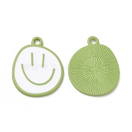 Spray Painted Alloy Pendants, Cadmium Free & Nickel Free & Lead Free, Flat Round with Smiling Face Pattern Charm, Lime Green, 25x20x1.5mm, Hole: 2mm(FIND-C016-01A)
