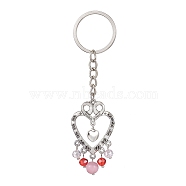 Alloy Heart & Glass Bead Pendant Keychain, with Iron Keychain Ring, Antique Silver, 10.4cm(KEYC-JKC00621)