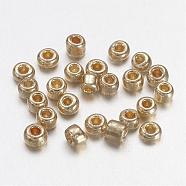 12/0 Electroplate Glass Seed Beads, Round Hole Rocailles, Light Gold Plated, 2x2mm, Hole: 0.5mm, 36000pcs/450g(SEED-Q003-1)