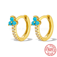 Real 18K Gold Plated 925 Sterling Silver Micro Pave Cubic Zirconia Hoop Earrings, Clover, Deep Sky Blue, 12x10x1mm(JU6681-2)