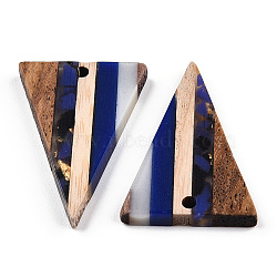 Transparent Resin & Walnut Wood Pendants, with Gold Foil, Triangle Charm, Dark Blue, 32.5x21.5x3.5mm, Hole: 2mm(RESI-TAC0017-50-A01)