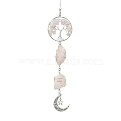 Tree of Life Natural Rose Quartz Pendant Decorations, with Tibetan Style Alloy Pendants and 304 Stainless Steel Cable Chains, 310mm, Pendants: 210x51x26mm(HJEW-JM01855-01)