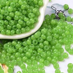 6/0 Imitation Jade Glass Seed Beads, Luster, Dyed, Round, Yellow Green, 4x3mm, Hole: 1.2mm, about 7500pcs/pound(SEED-T006-04A-11)