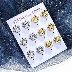 304 Stainless Steel Stud Earrings, Dog Paw Print, PVD Vacuum Plating, Golden & Stainless Steel Color, 10.5x12mm, 6pair/set(EJEW-C099-22G)