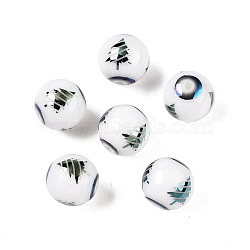 Christmas Opaque Glass Beads, Round with Electroplate Christmas Tree Pattern, Green Plated, 10mm, Hole: 1.2mm(X-EGLA-R113-02E)