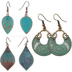 3 Pairs 3 Style Alloy Teardrop with Rhombus Dangle Earrings for Women, Red Copper & Green Patina, 46~50.5mm, Pin: 0.7mm, 1 Pair/style(EJEW-AN0002-01)