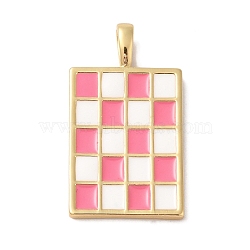 Brass Enamel Pendants, Long-Lasting Plated, Lead Free & Cadmium Free, Rectangle with Tartan Charms, Real 18K Gold Plated, Hot Pink, 31x17x2mm, Hole: 5x3mm(KK-L216-009G-01)