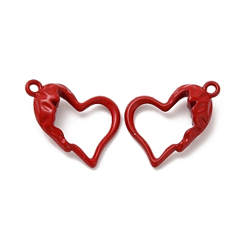 Spray Painted Alloy Pendants, Hollow Heart Charm, Red, 21x15.5x0.6mm, Hole: 1.6mm