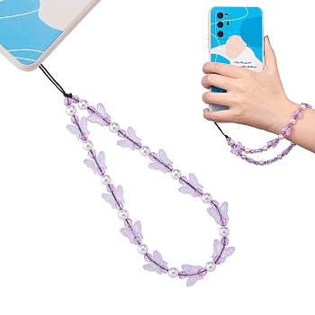 Acrylic Beaded Phone Lanyard, Wrist Straps Butterfly Beads Mobile Phone Lanyard for Woman Men, Lilac, 22cm