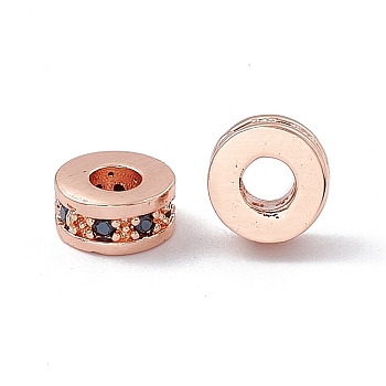 Brass Spacer Beads, with Jet Rhinestone, Flat Round, Rose Gold, 7x3~3.7mm, Hole: 3.4mm
