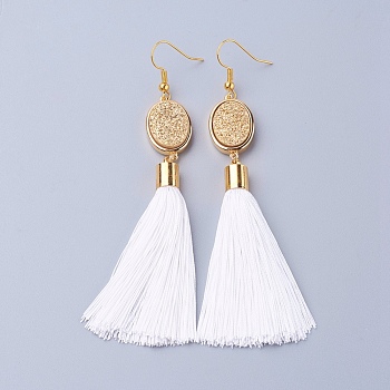 Ice Silk Thread Tassel Dangle Earrings, with Electroplated Natural Druzy Quartz Crystal and Brass Earring Hooks, Golden, White, 98mm, Pin: 0.6mmg, Pendant: 80x14x7mm