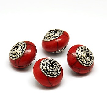 Handmade Tibetan Style Beads, Thailand 925 Sterling Silver with Turquois, Flat Round, Antique Silver, Dark Red, 17x14.5mm, Hole: 2mm