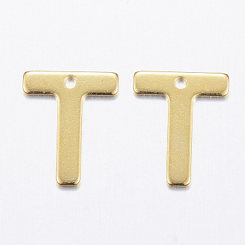 304 Stainless Steel Charms, Letter.T, Real 18K Gold Plated, 11x9x0.8mm, Hole: 1mm