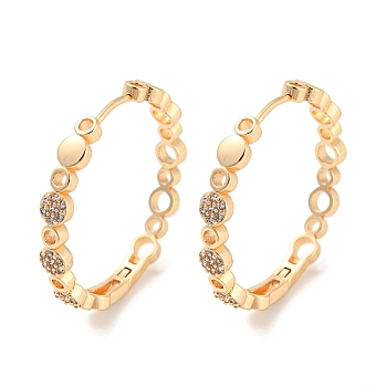 Brass with Cubic Zirconia Hoop Earrings, Flat Round, Light Gold, 33.5x5mm