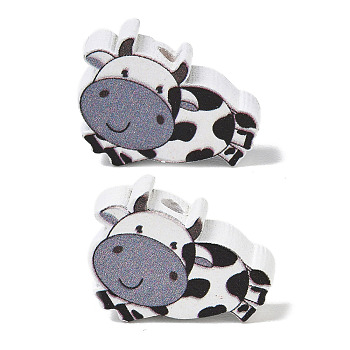 Printed Schima Wood Beads, Cow, Spray Paint, Gray, 15x21x5.5mm, Hole: 2mm