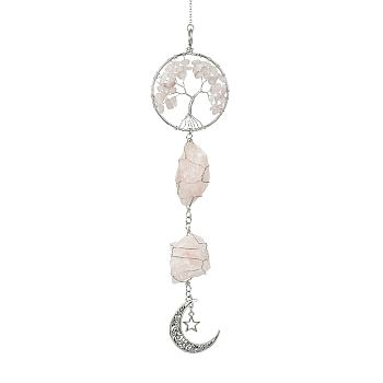 Tree of Life Natural Rose Quartz Pendant Decorations, with Tibetan Style Alloy Pendants and 304 Stainless Steel Cable Chains, 310mm, Pendants: 210x51x26mm