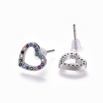 Brass Cubic Zirconia Stud Earrings, Heart, Colorful, Platinum, 8.5x9x2mm, Pin: 0.8mm