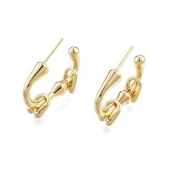 Brass Arc Beaded Stud Earrings, Half Hoop Earrings for Women, Nickel Free, Real 18K Gold Plated, 21.5~22x25~26x4.5mm, Pin: 0.6mm