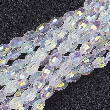 Electroplate Glass Beads, AB Color Plated, Faceted Oval, White, 6x4mm, Hole: 1mm, about 67~68pcs/strand