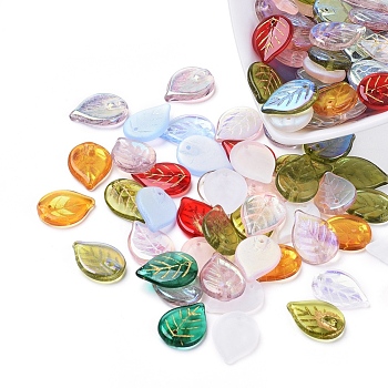 Czech Glass Beads, Electroplated/Gold Inlay Color, Leaf, Mixed Color, 18.5x13.5x3.5mm, Hole: 1mm, about 117~123pcs/bag