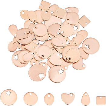 Unicraftale PVD Vacuum Plating 304 Stainless Steel Pendants, Blank Stamping Tag, Flat Round & Heart & Square & Oval & Teardrop, Rose Gold, 60pcs/box