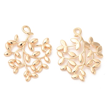 Brass Pendants, Leafy Branch Charms, Real 18K Gold Plated, 25x20x1mm, Hole: 1.3x2.2mm