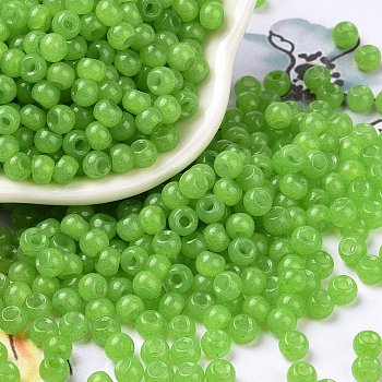 6/0 Imitation Jade Glass Seed Beads, Luster, Dyed, Round, Yellow Green, 4x3mm, Hole: 1.2mm, about 7500pcs/pound