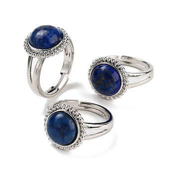Natural Lapis Lazuli Round Adjustable Rings, Platinum Plated Brass Finger Rings for Men, Inner Diameter: 18mm