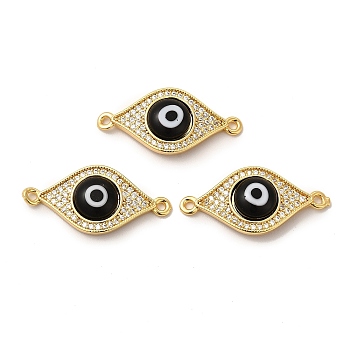Rack Plating Real 18K Gold Plated Brass Micro Pave Clear Cubic Zirconia Connector Charms, Evil Eye Links with Handmade Lampwork, Cadmium Free & Lead Free, Long-Lasting, Black, 13x27x4mm, Hole: 1.5mm