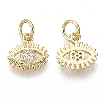 Brass Micro Pave Cubic Zirconia Charms, with Jump Ring, Nickel Free, Eye, Clear, Real 18K Gold Plated, 9.5x9.5x2mm, Hole: 3mm