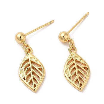 Rack Plating Brass Hollow Leaf Dangle Stud Earrings, Lead Free & Cadmium Free, Real 18K Gold Plated, 23x9mm
