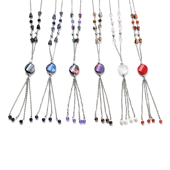 304 Stainless Steel Beaded Necklaces, with Faceted Glass Beads and Natural Gemstone Round Beads, Mixed Color, Stainless Steel Color, 13.58 inch(34.5cm)