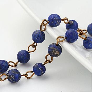 Handmade Natural Lapis Lazuli Beaded Chains, Unwelded, with Brass Eye Pin, Antique Bronze, 39.3 inch