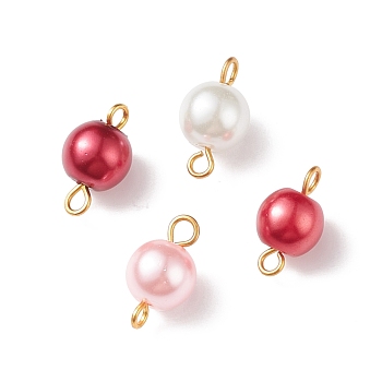 Glass Imitation Pearl Connector Charms, with Golden Plated Double Iron Loops, Round, Red, 14x7.5mm, Hole: 1.8mm and 2.5mm