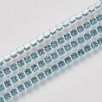 Electrophoresis Iron Rhinestone Strass Chains, Rhinestone Cup Chains, with Spool, Aquamarine, SS6.5, 2~2.1mm, about 10yards/roll