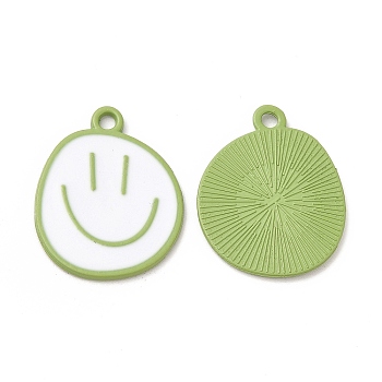Spray Painted Alloy Pendants, Cadmium Free & Nickel Free & Lead Free, Flat Round with Smiling Face Pattern Charm, Lime Green, 25x20x1.5mm, Hole: 2mm