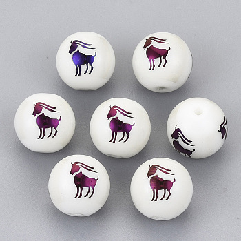 Electroplate Glass Beads, Round with Constellations Pattern, Purple Plated, Capricorn, 10mm, Hole: 1.2mm
