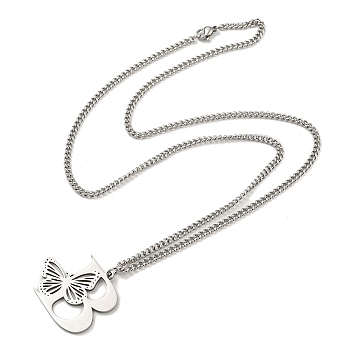 201 Stainless Steel Necklace, Letter B, 23.74 inch(60.3cm) p: 29x34.5x1.3mm