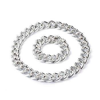 Handmade Curb Chain Bracelet & Necklace Set, with CCB Plastic Rhinestone Linking Rings, 
304 Stainless Steel Gate Rings, Silver, 8-5/8 inch(22~50cm), 2pcs/set