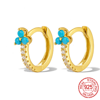 Real 18K Gold Plated 925 Sterling Silver Micro Pave Cubic Zirconia Hoop Earrings, Clover, Deep Sky Blue, 12x10x1mm