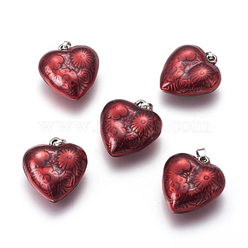 CCB Plastic Pendants, with Enamel, Heart with Flower, Antique Silver, Red, 31x29x13mm, Hole: 4.5mm(CCB-L007-A01)