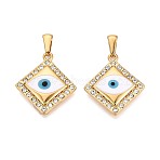 304 Stainless Steel Rhinestone & Enamel Pendants, Rhombus & Evil Eye Charms, Golden, Sky Blue, 26x23x4~5mm, Hole: 8x3mm(STAS-T072-84A-G)