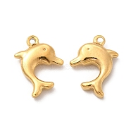 Vacuum Plating 201 Stainless Steel Pendants, Dolphin Charm, Real 18K Gold Plated, 15x13x3.5mm, Hole: 1.5mm(STAS-J401-VF638-2)