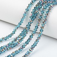 Electroplate Transparent Glass Beads Strands, Half Rose Gold Plated, Faceted, Rondelle, Dark Turquoise, 6x5mm, Hole: 1mm, about 85~88pcs/strand, 16.1~16.5 inch(41~42cm)(EGLA-A034-T6mm-R09)